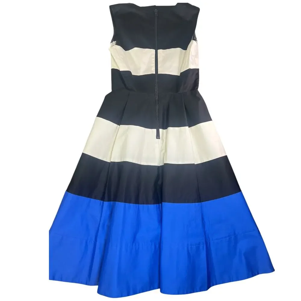 Kate Spade Corley Dress 2 Silk Cotton Colorblock Fit Flare Blue Black White